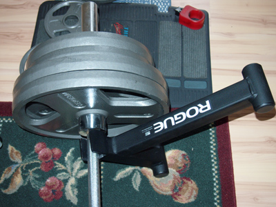 Photograph of Rogue Fitness mini deadlift bar jack in pre-lift position.